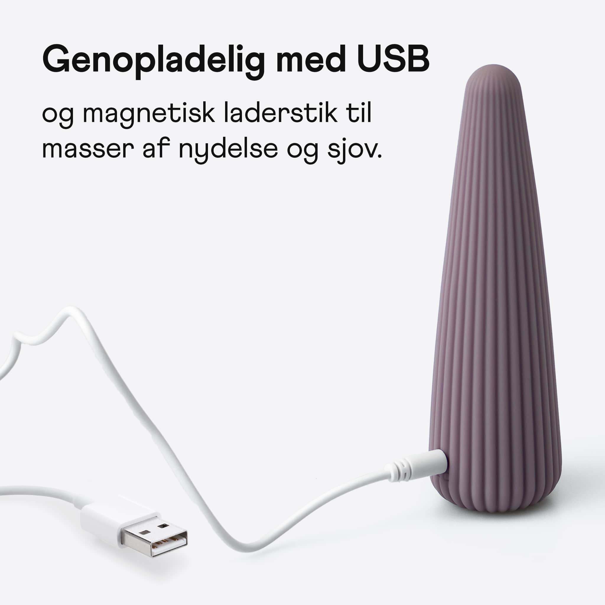 Amina Cone II lilla genopladelig klitoris vibrator stående med oplader